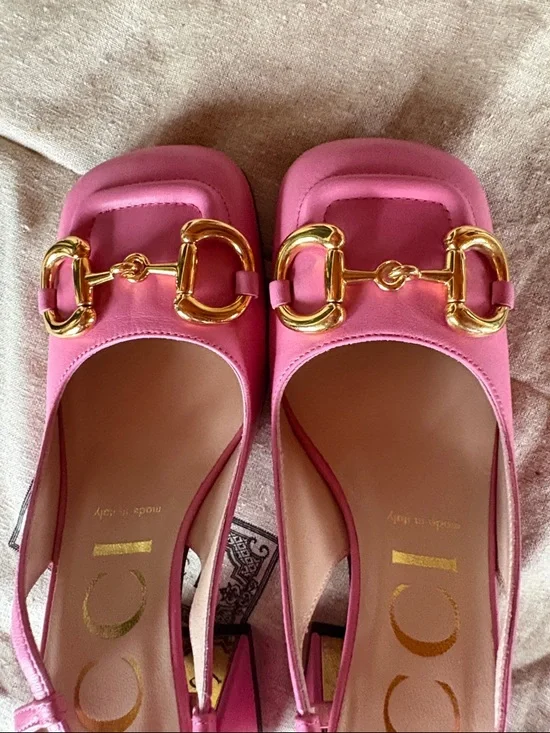 Gucci Pink Leather Horsebit Slingback Heels - Picture 3 of 11